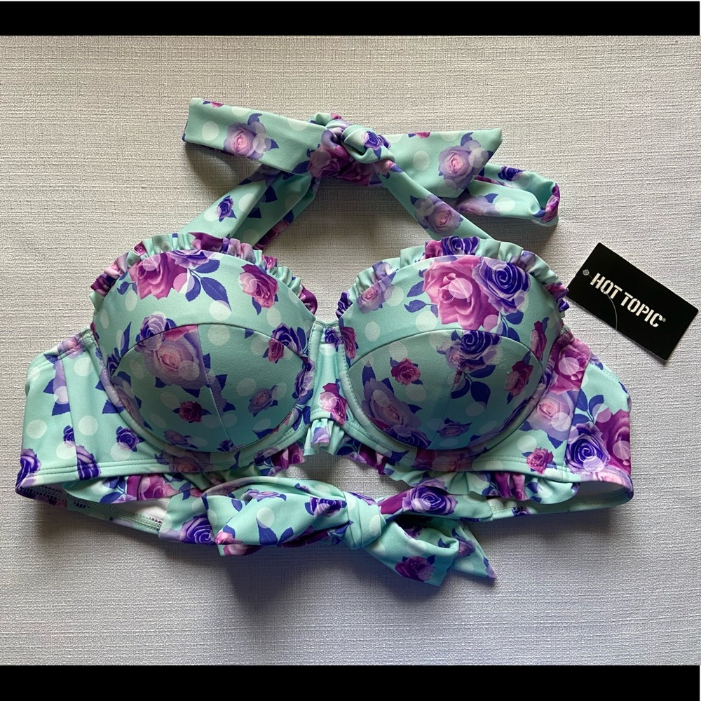 Hot Topic Blue Floral & Polka Dot Ruffle Halter Swim Top